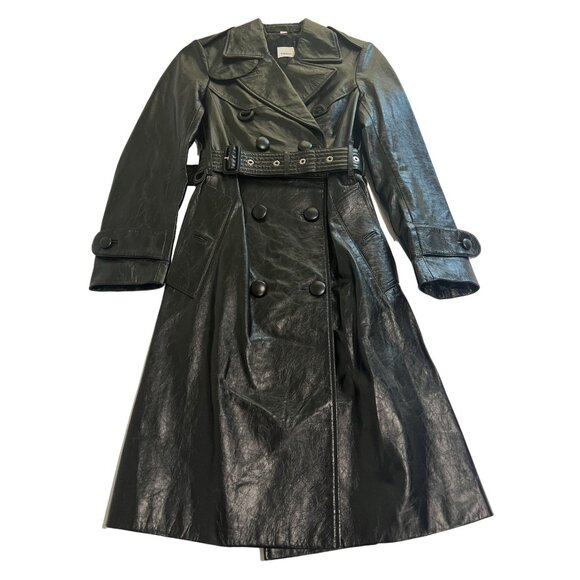 BURBERRY D-RING DETAIL CRINKLED LEATHER TRENCH COAT IN BLACK - Picture 1 of 6